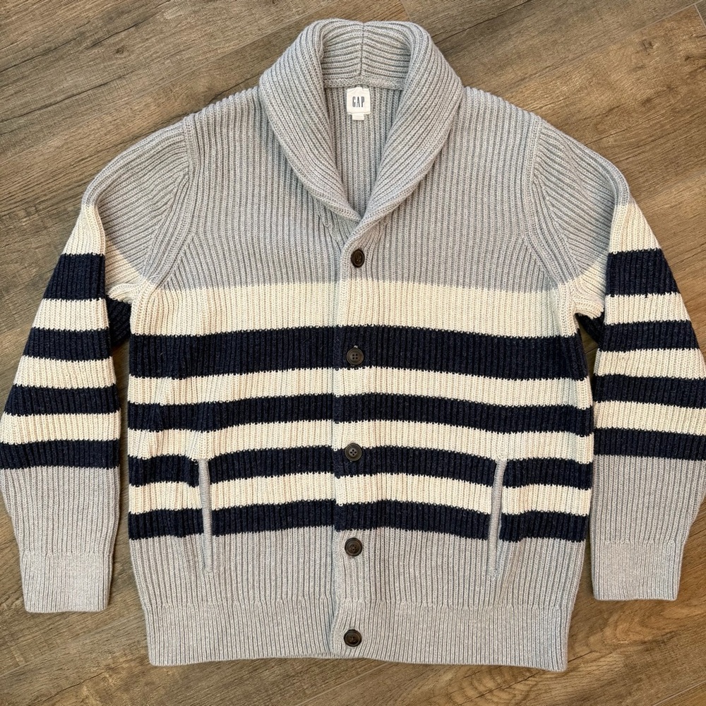 GAP Mens XLT Tall Ribbed Shawl Collar Cardigan Gray Navy Striped Pockets Buttons
